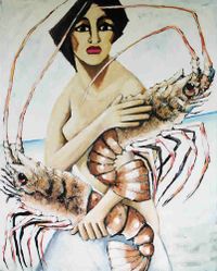 A Cruells - Mujer con langosta - 130x163 - Mixta - Tela