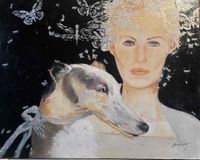 M FARRES - Dama del perro - 60x75 - Mixta y pan de oro - Tela